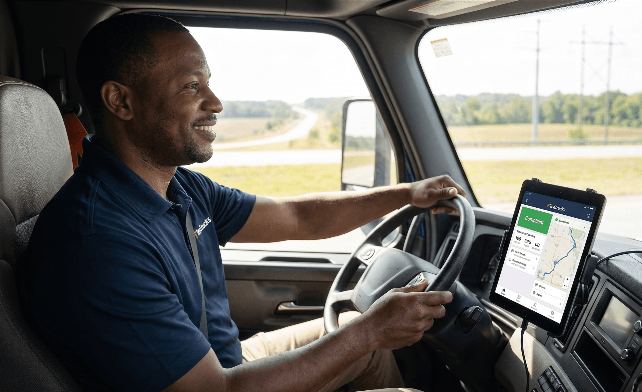 Truck driver in cab with TenTrucks ELD compliance app on tablet